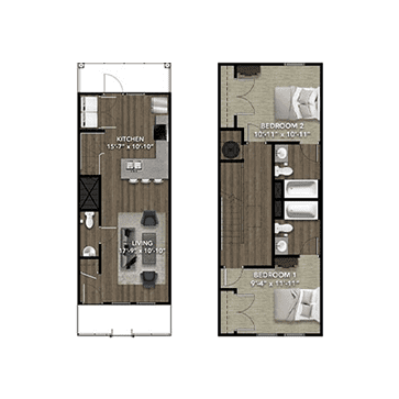 A two-bedroom townhouse floor plan